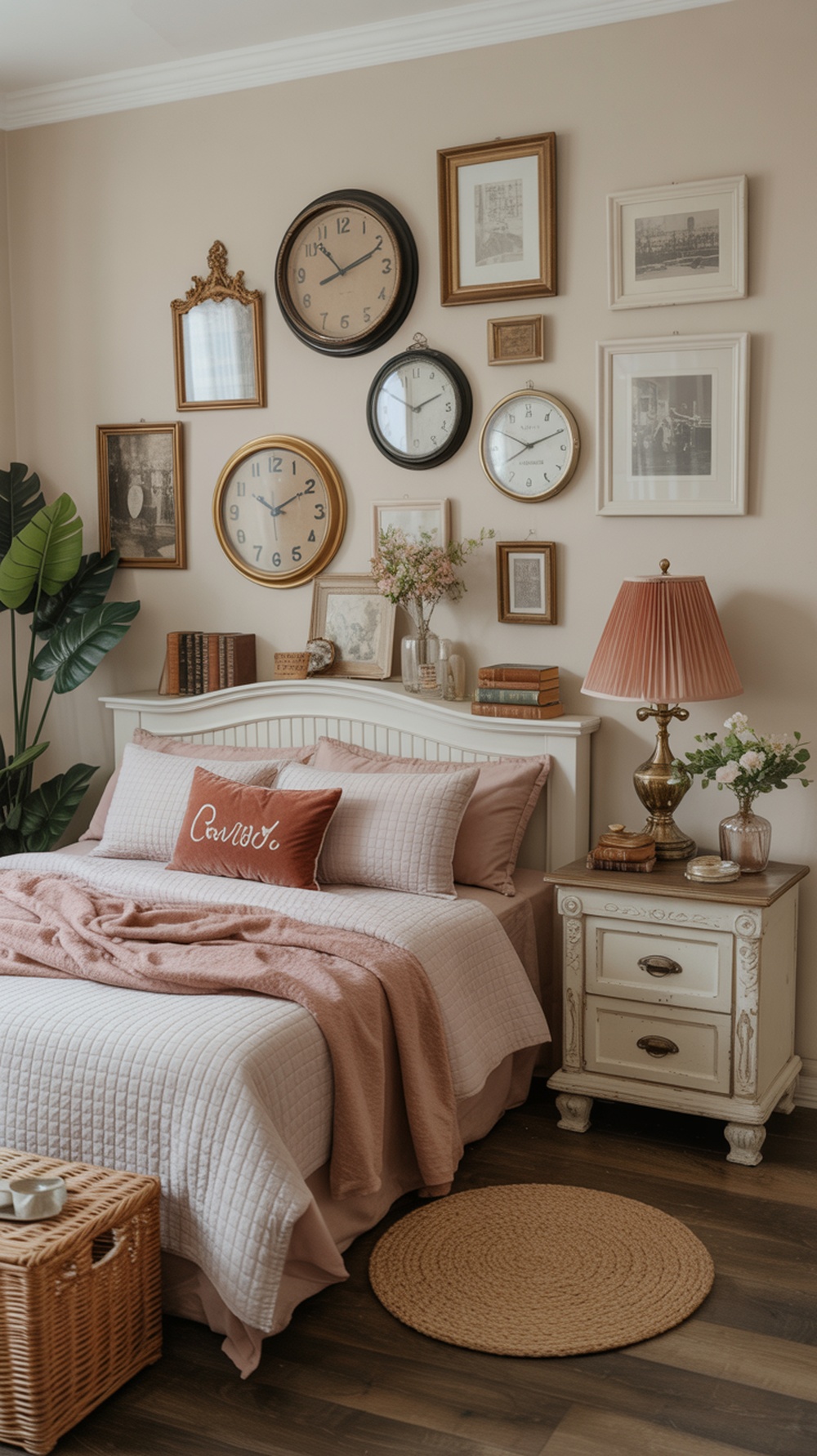 A cozy vintage-inspired bedroom featuring a variety of clocks on the wall, soft pink bedding, and nostalgic accessories.