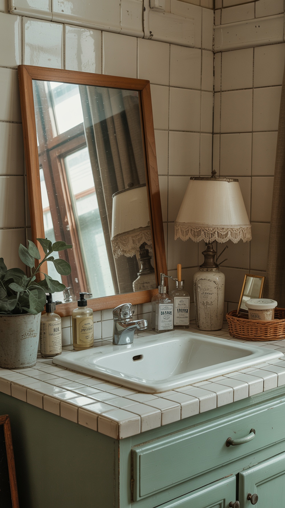 A vintage bathroom with a wooden-framed mirror, a lamp with lace trim, vintage-style bottles, and green cabinetry.