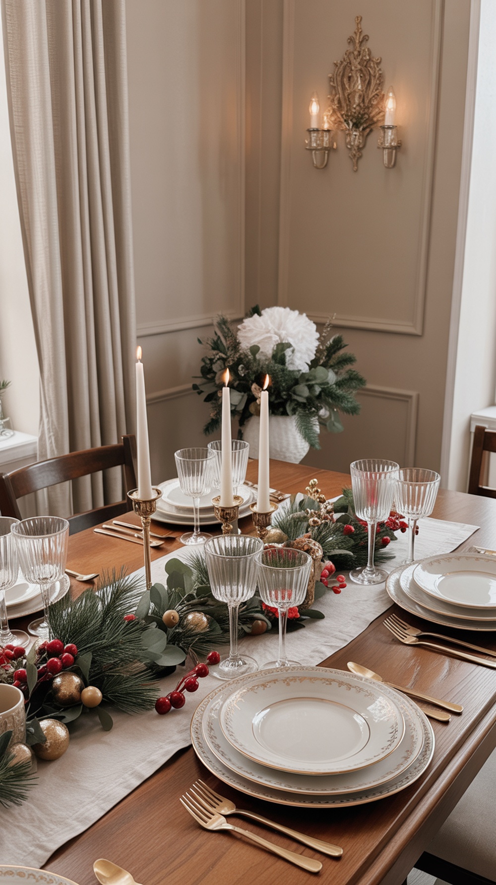 A vintage Christmas table setting with candles, glassware, and festive decorations.