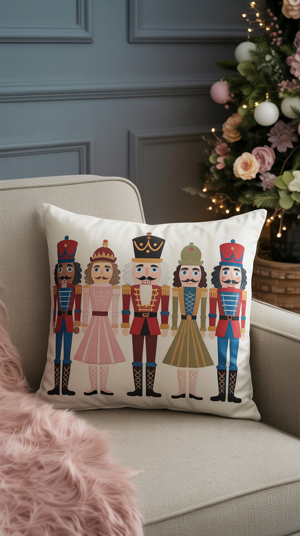 A decorative throw pillow featuring colorful nutcracker characters, placed on a light-colored couch with a pink fluffy throw.