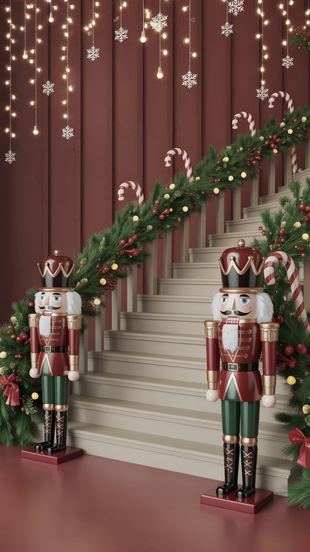 A staircase decorated for Christmas with nutcracker figurines on either side, featuring red carpet and garlands.