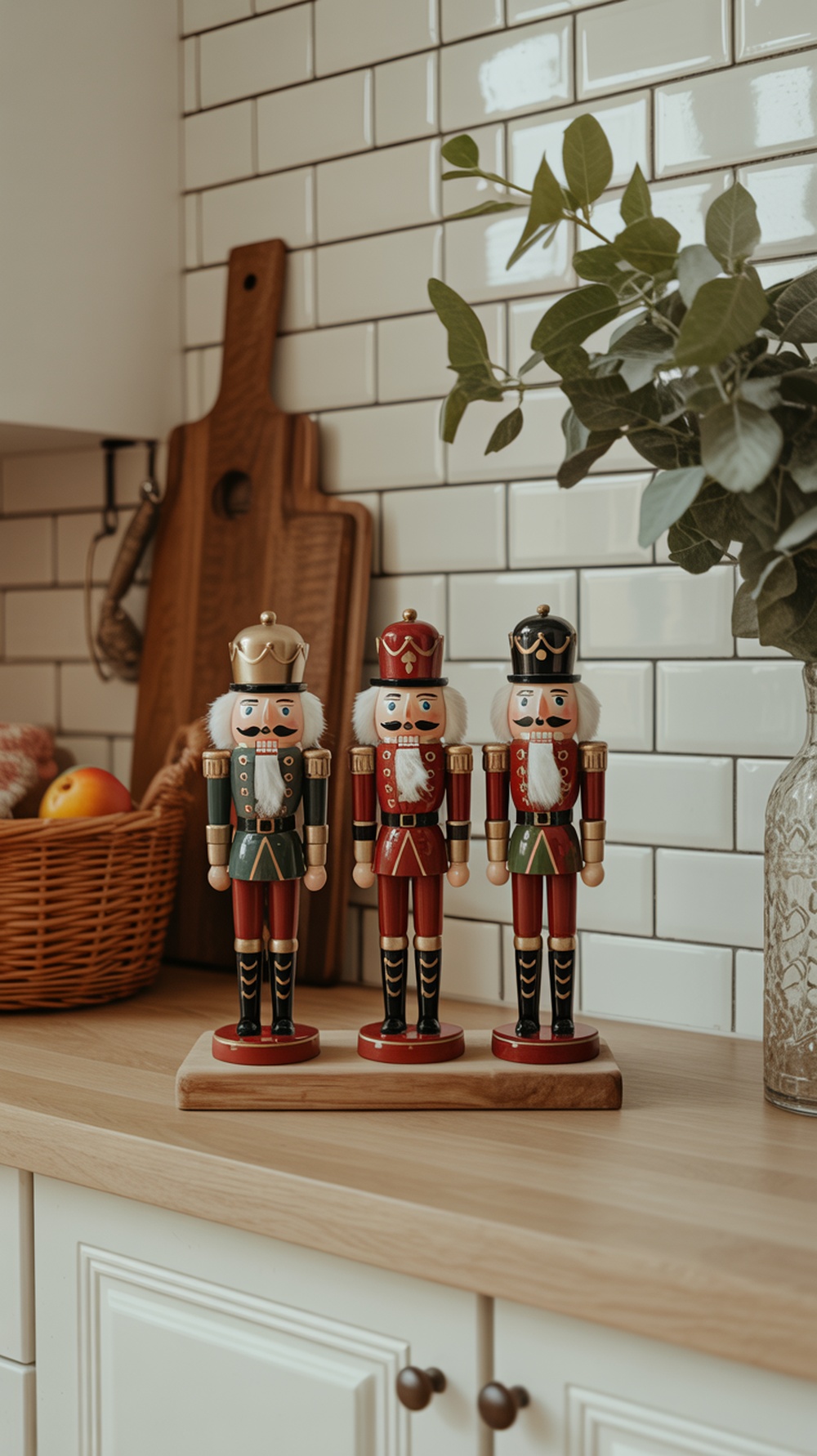Three colorful nutcracker figurines on a kitchen counter