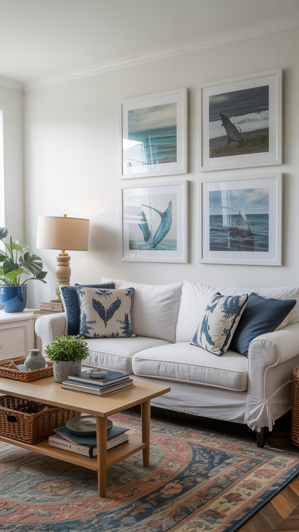 A cozy living room featuring ocean-inspired artwork and decor.