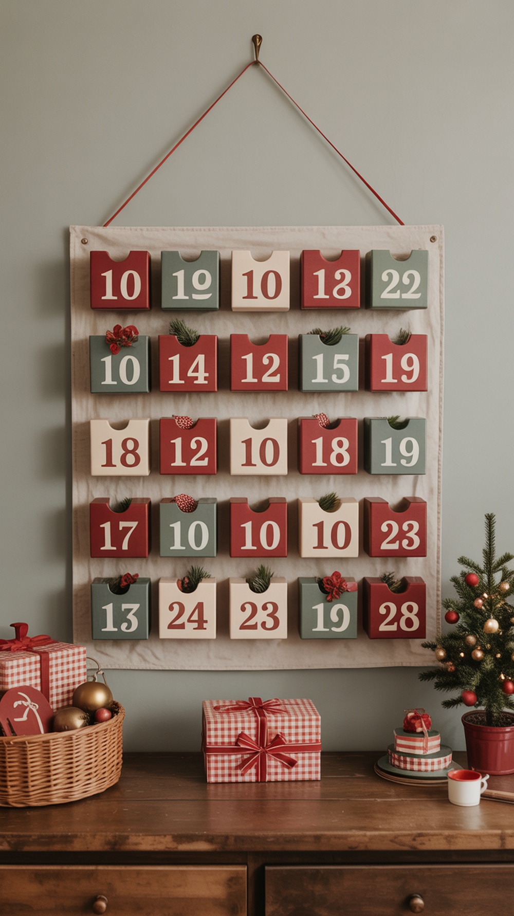 A vintage-style Advent calendar with red and green boxes, decorated with numbers and small sprigs, alongside wrapped gifts and a small Christmas tree.