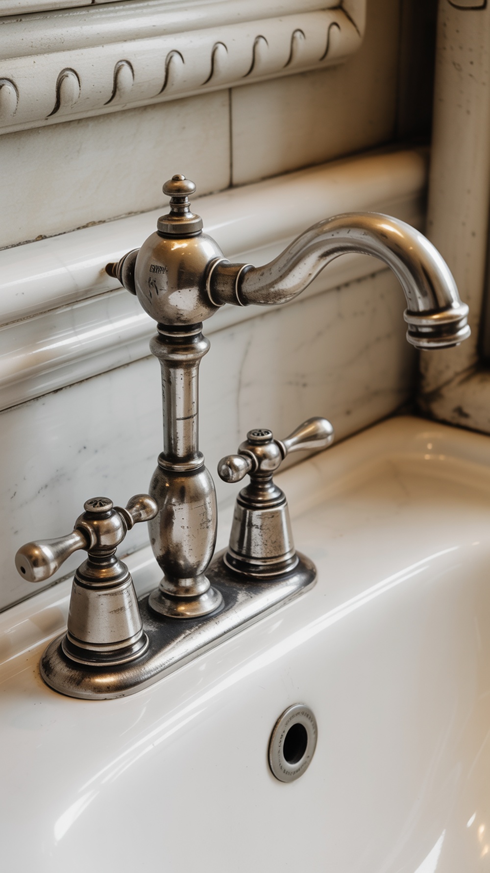 A vintage faucet with a classic design, featuring a shiny metallic finish and intricate details, set against a white sink.