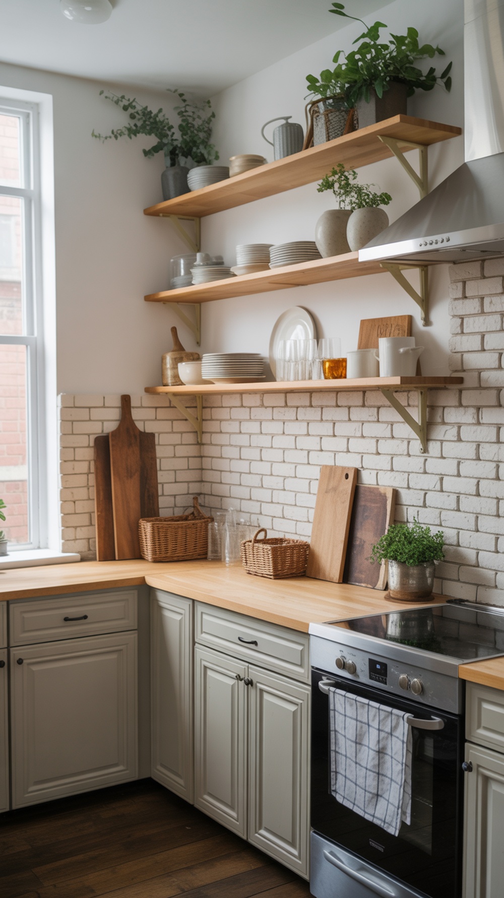 A modern farmhouse kitchen with open wooden shelves displaying dishes and plants, complemented by a white brick wall.