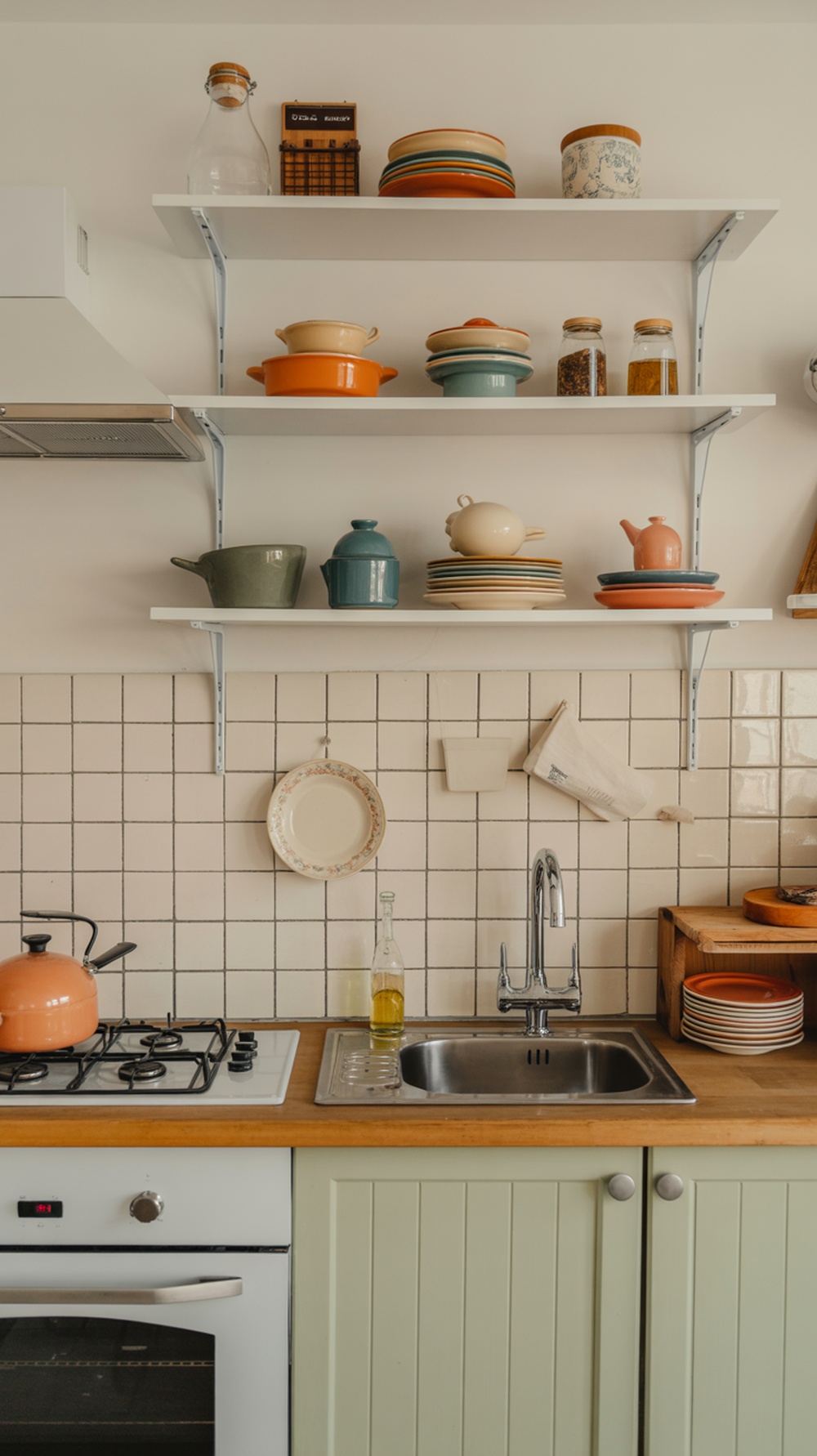 A small kitchen with open shelving displaying colorful dishes and jars.