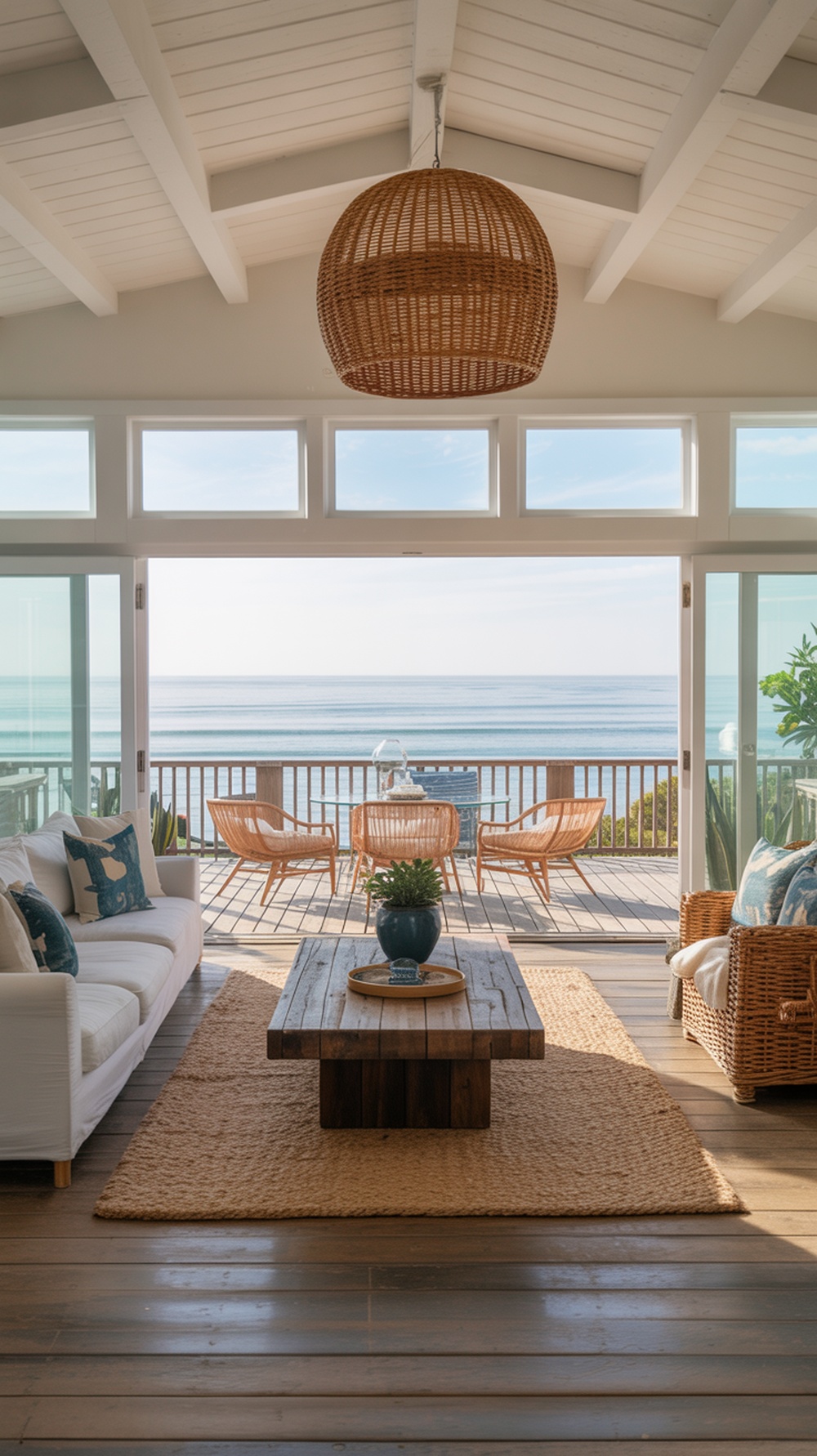 A coastal living room with large windows overlooking the ocean, featuring a white sofa, wooden coffee table, and wicker chairs.