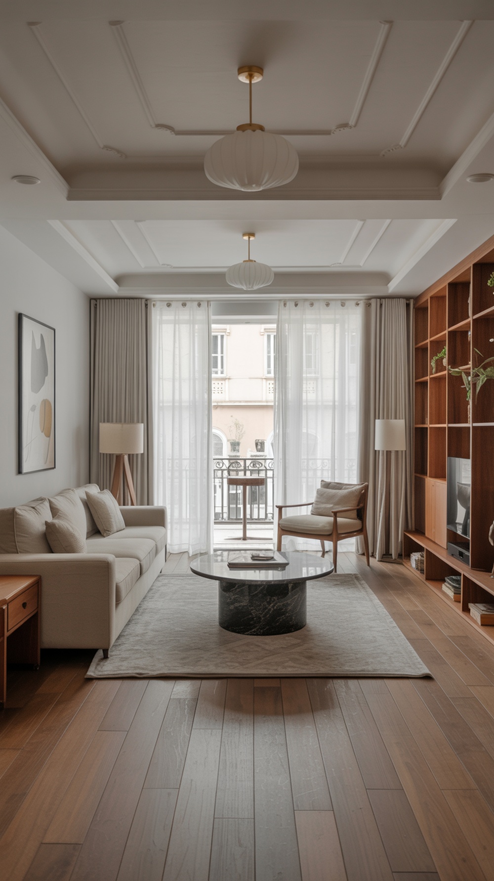 A modern minimalist living room with large windows, neutral-toned furniture, and a cozy layout.