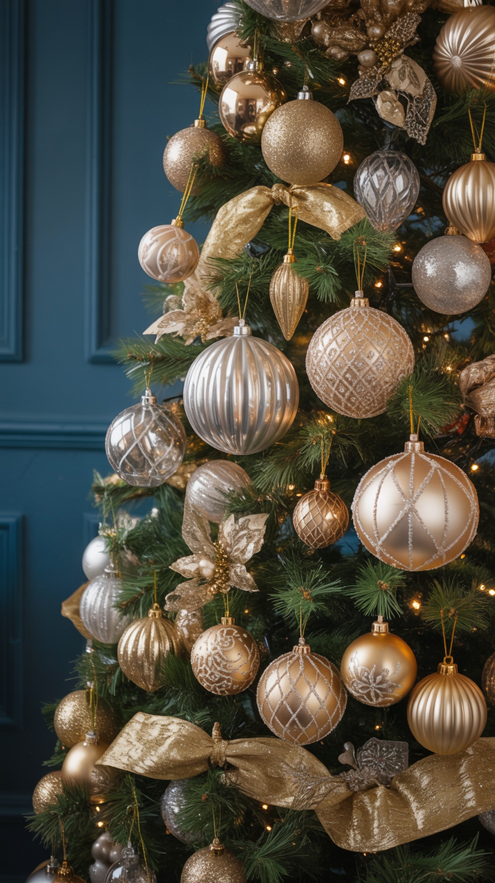 A beautifully decorated Christmas tree with gold and silver ornaments, showcasing a luxurious holiday theme.