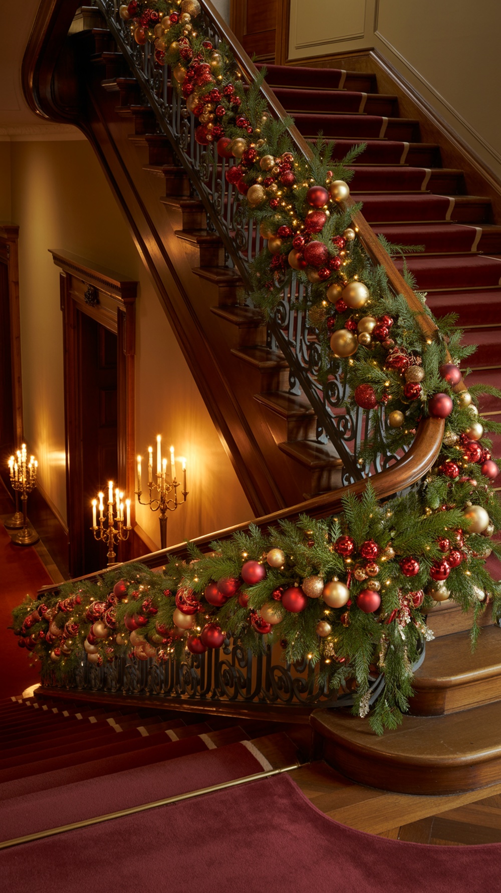 A staircase decorated with colorful Christmas ornaments and lights.