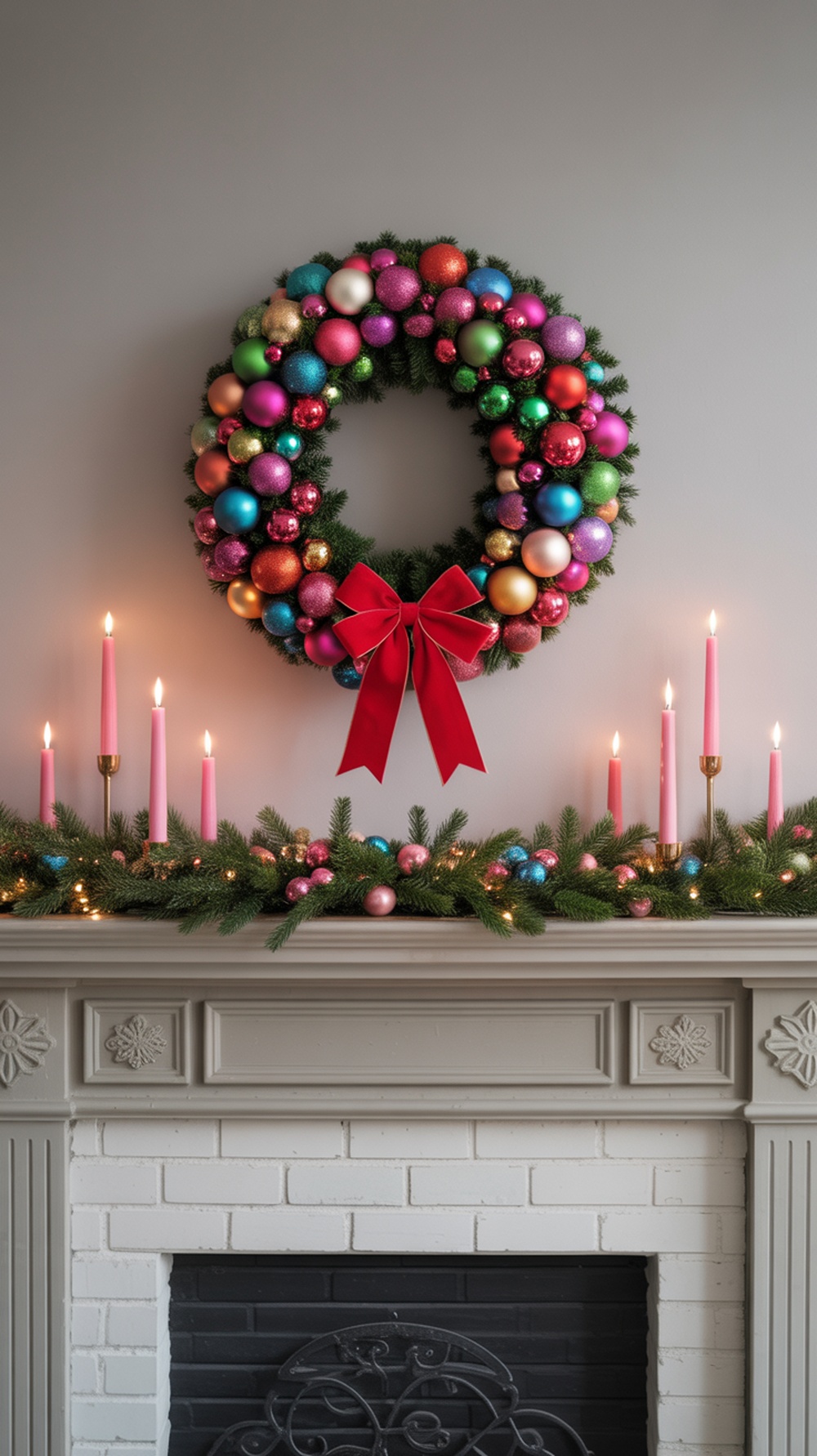 A colorful ornament-decorated Christmas wreath with a red bow, displayed above a mantel with pink candles and festive greenery.