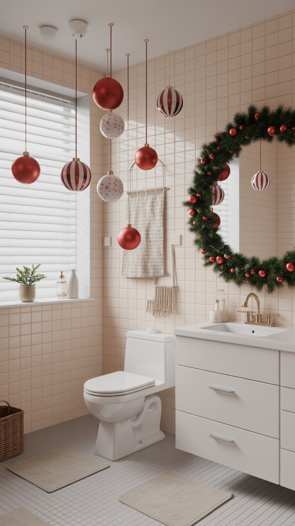 A festive bathroom decorated with hanging red and white ornaments and a wreath.