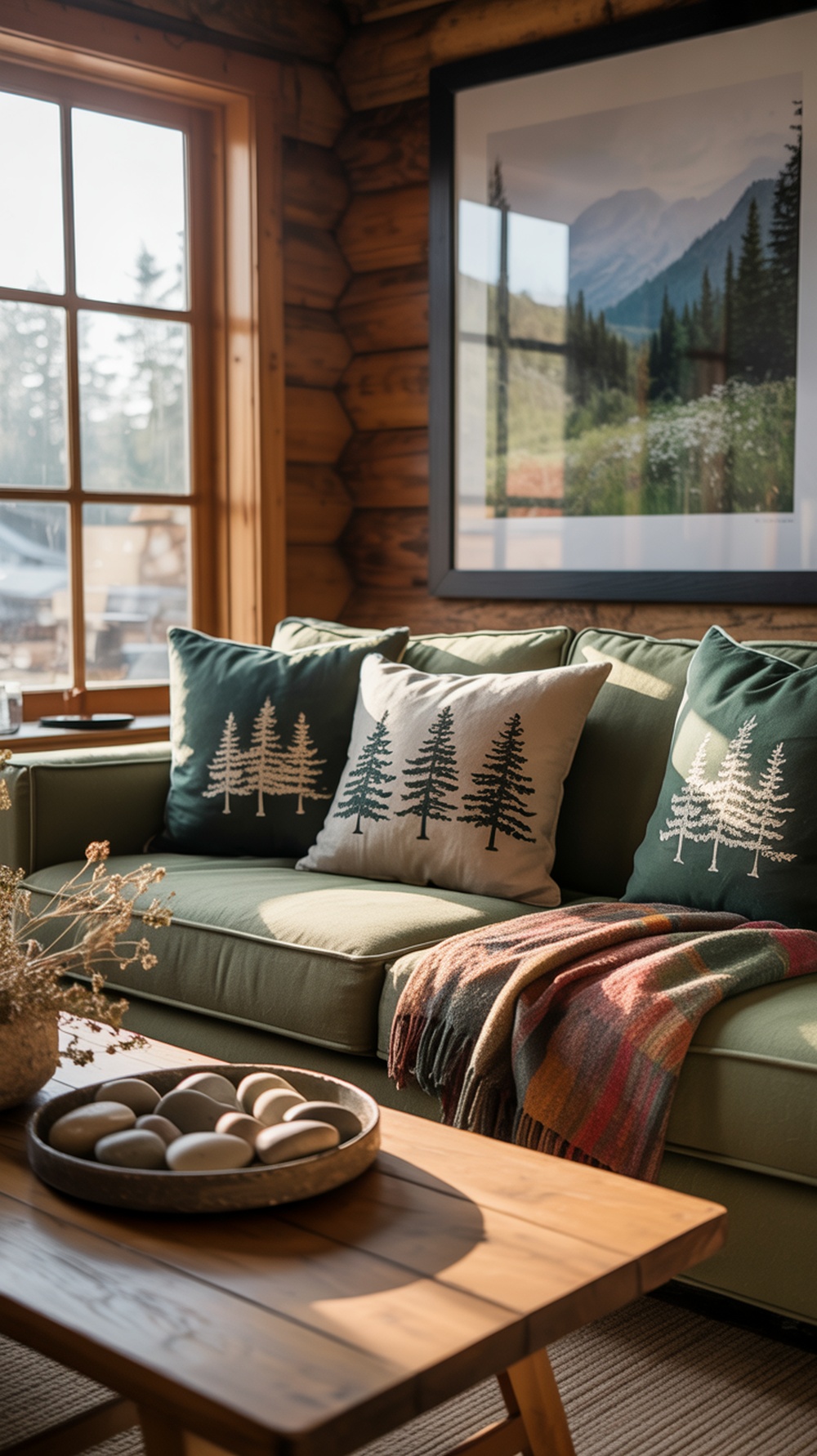 Cozy cabin living room with wooden beams, mountain wall art, and animal print pillows.