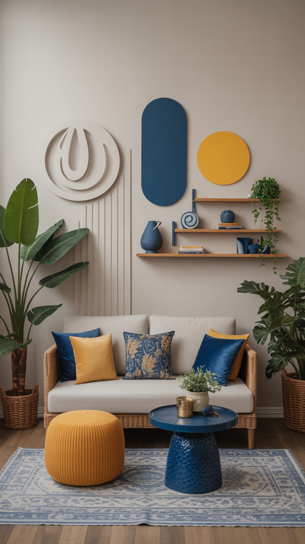 A stylish living room featuring a light sofa with blue and yellow cushions, a round yellow pouf, and a blue coffee table, complemented by green plants and modern wall decor.