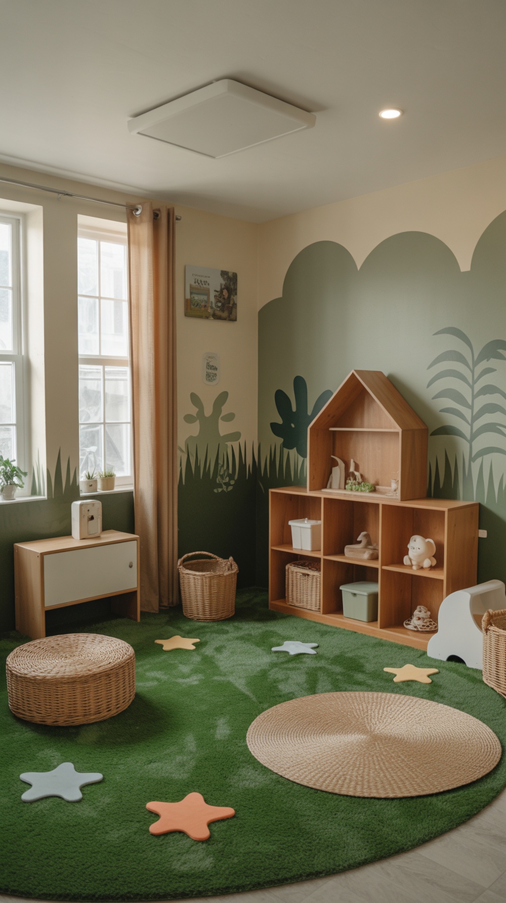 A cozy playroom with green rugs, playful decor, and storage baskets.