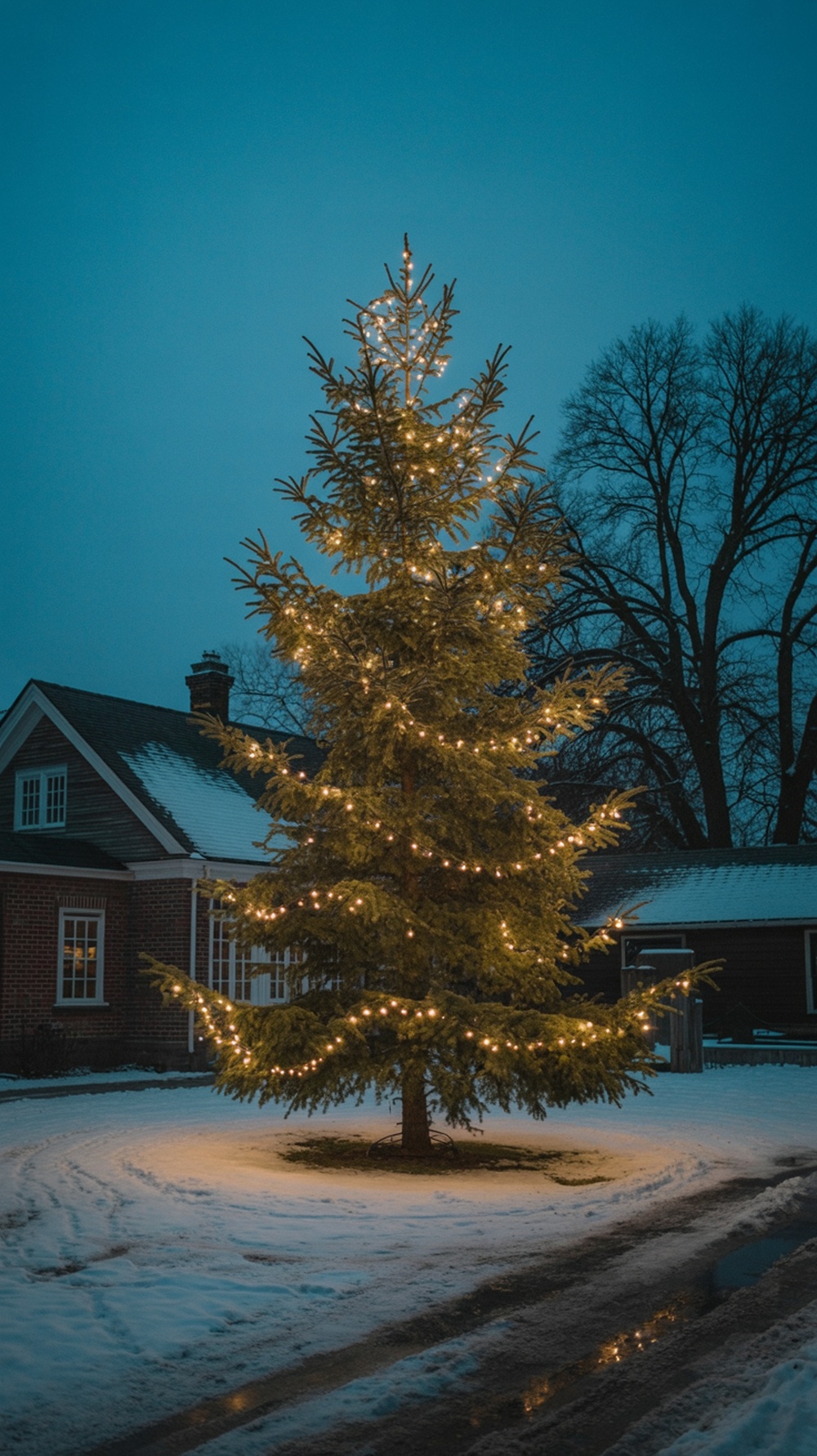 An outdoor Christmas tree adorned with twinkling lights, surrounded by snow and a cozy house in the background.