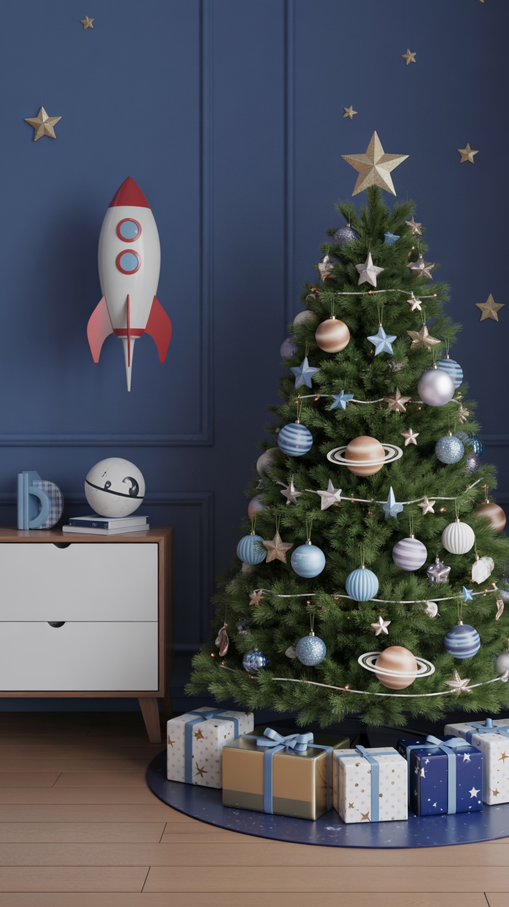 A colorful Christmas tree with outer space decorations, including planets and stars, beside a rocket ship and wrapped gifts.
