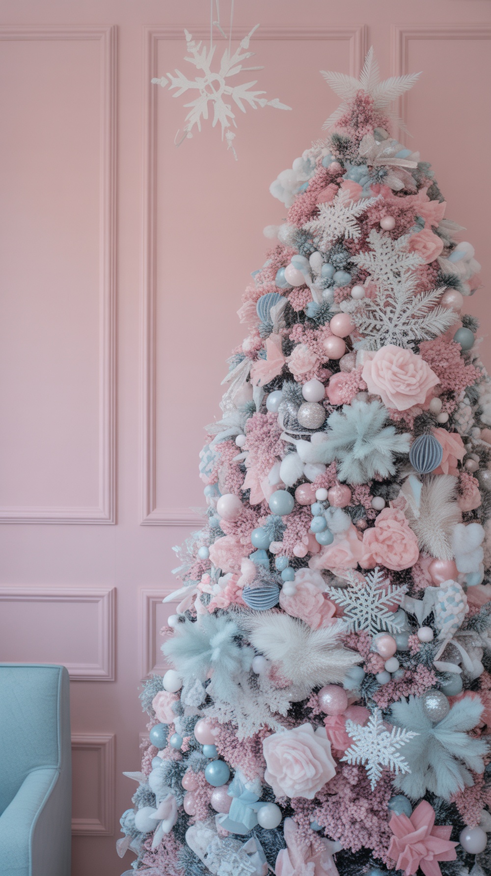 A pastel-themed Christmas tree decorated with pink, blue, and white ornaments against a soft pink wall.