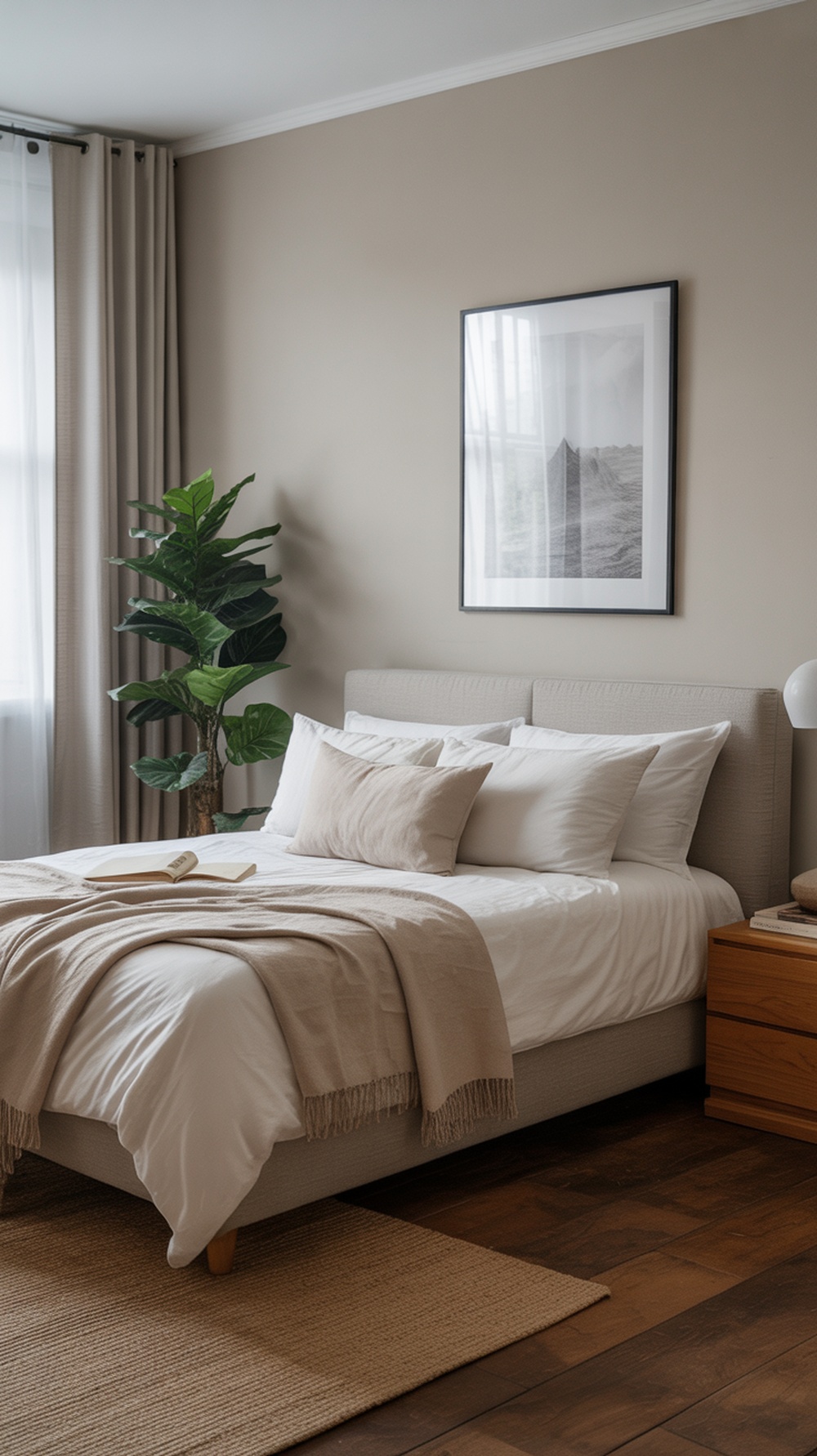 A minimalist bedroom with neutral bedding, a plant, and a bedside table with a book.