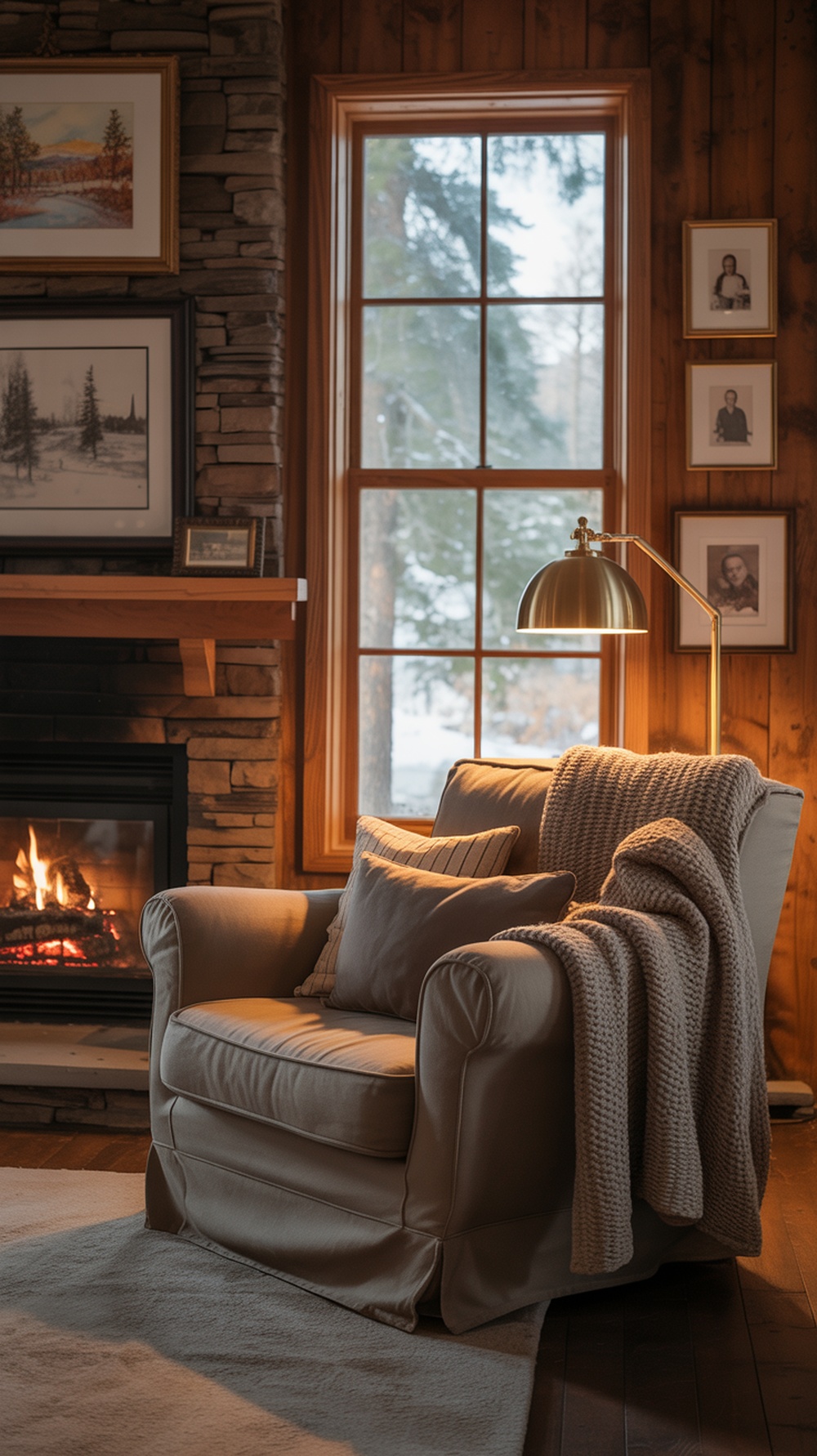 Cozy cabin living room with personalized artwork displays on wooden walls