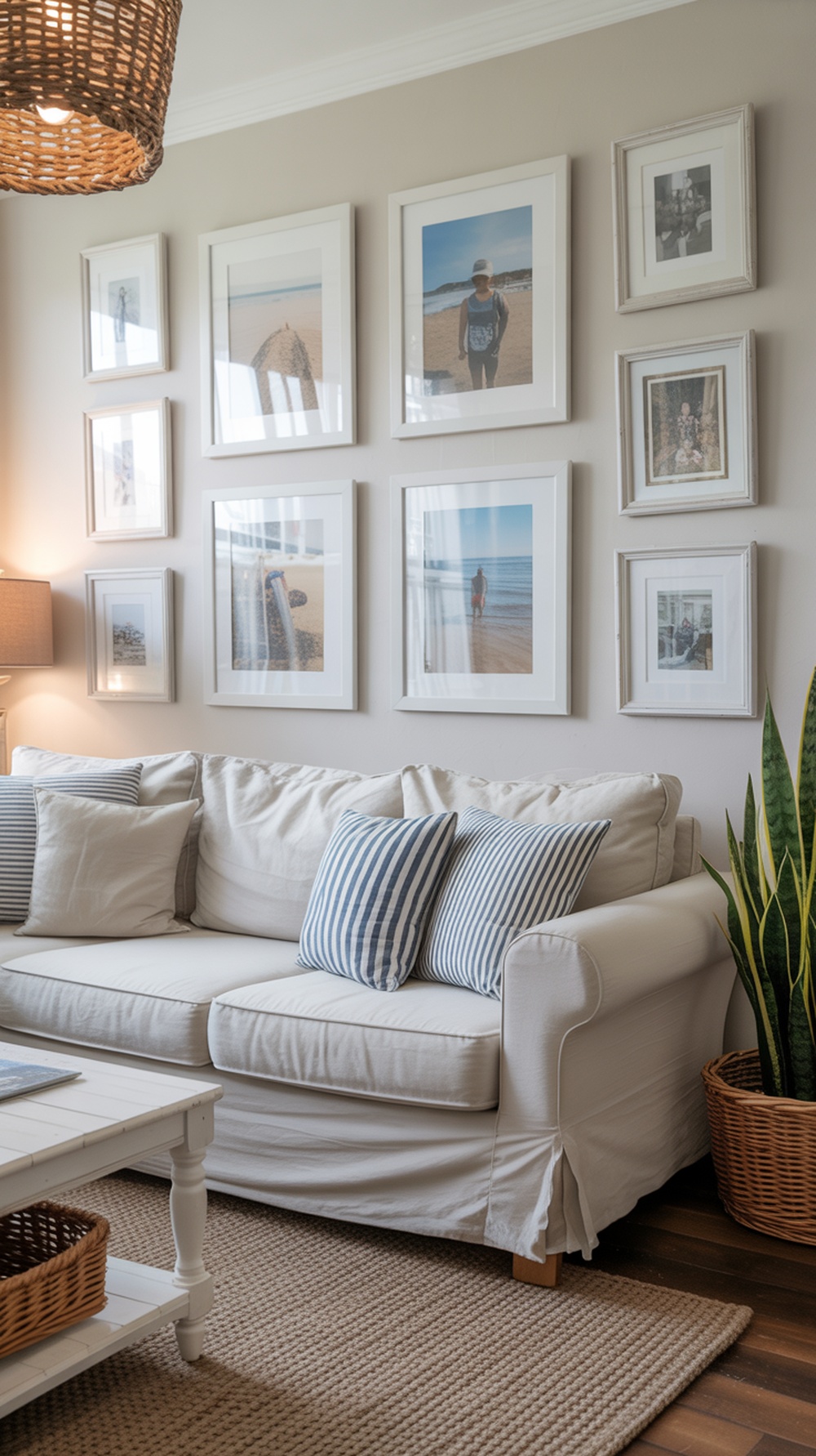 Coastal living room with light sofa, striped pillows, framed beach photos, and natural decor elements.