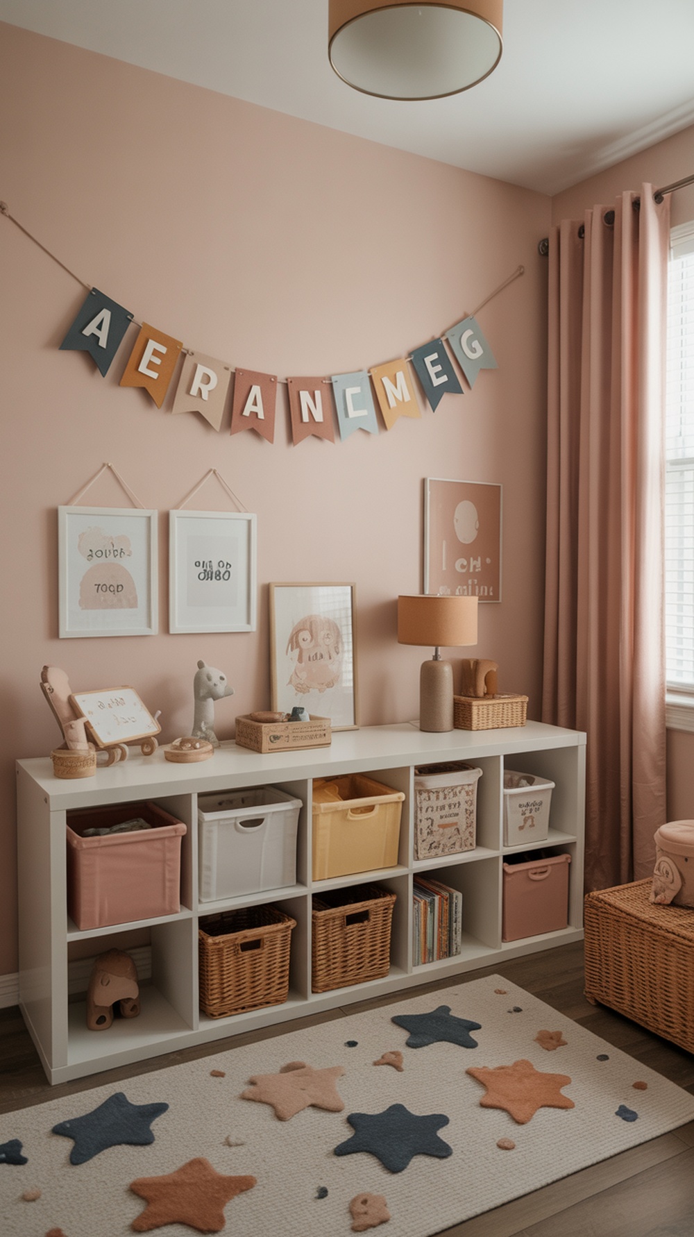 A cozy kids' playroom featuring personalized decor with a name banner, art prints, and colorful storage bins.