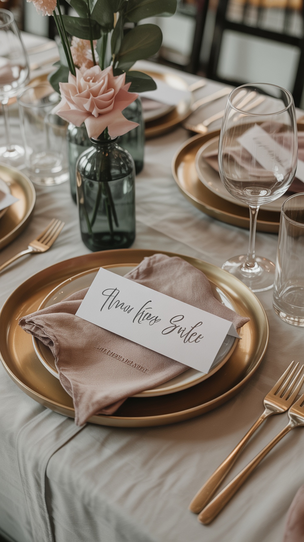 A beautifully set Thanksgiving dining table with gold plates, pink napkins, and name cards.