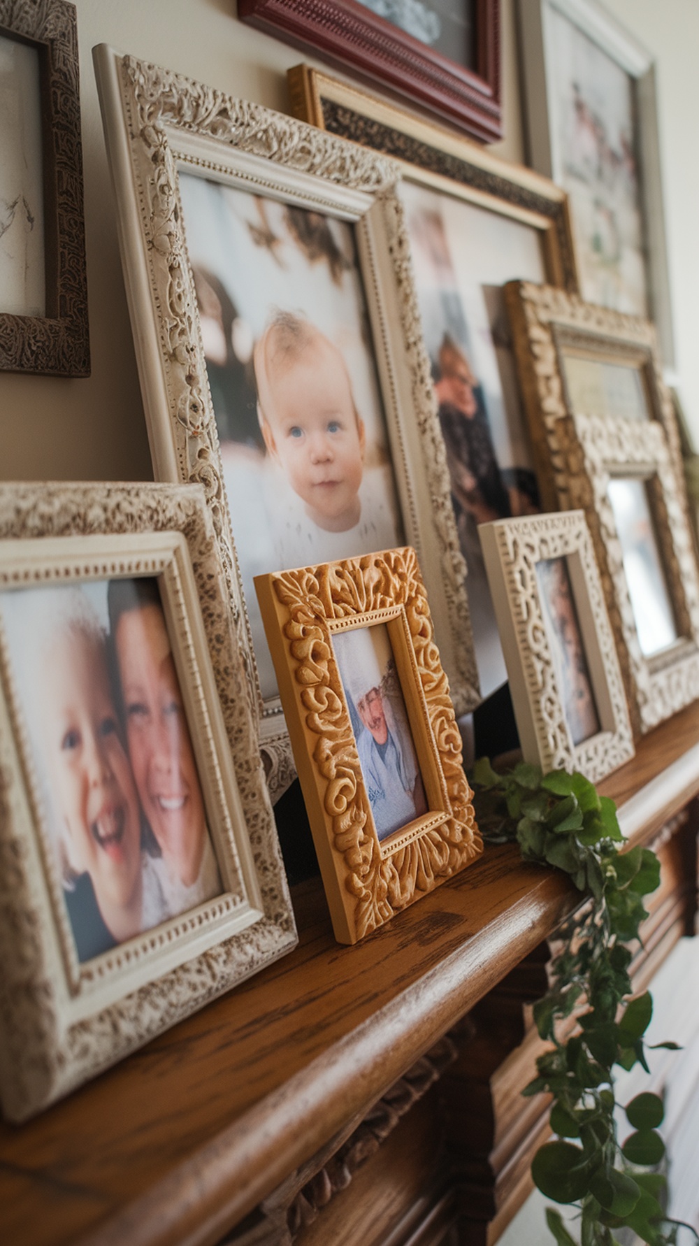A mantel decorated with various family photos in different frames, along with greenery.