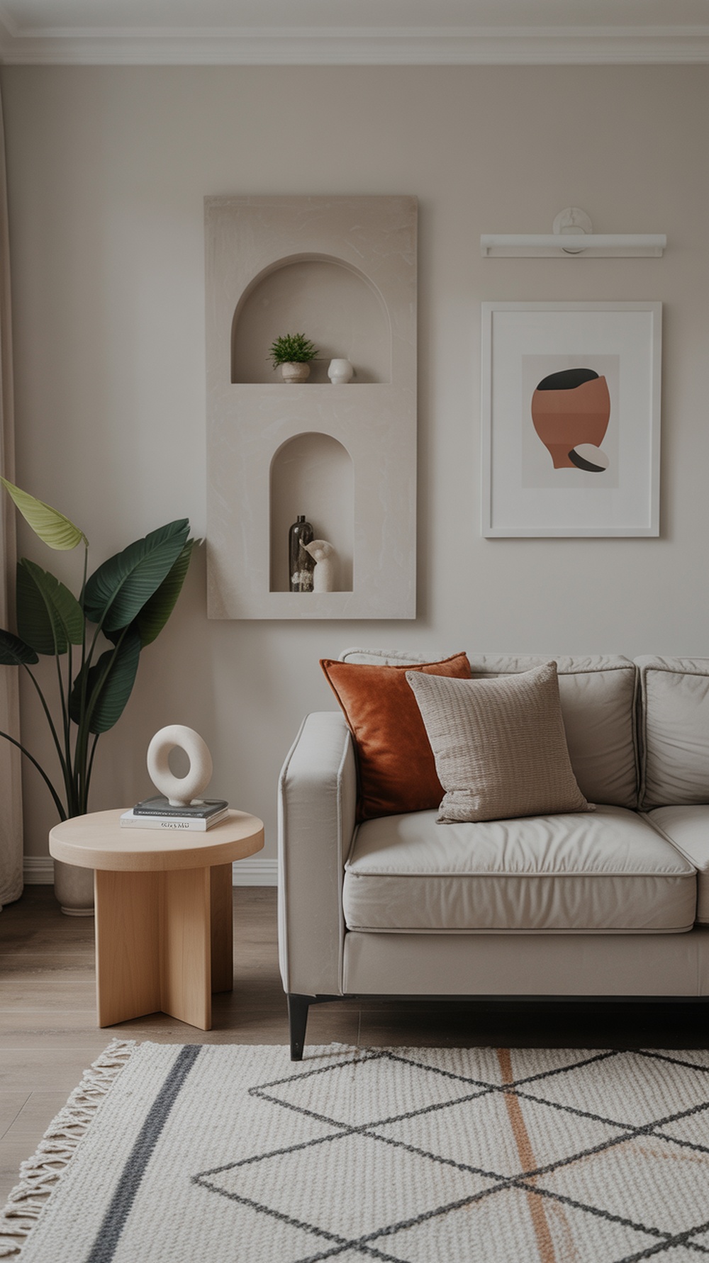 A minimalist living room featuring a beige sofa, orange pillow, round coffee table, abstract wall art, and a plant.