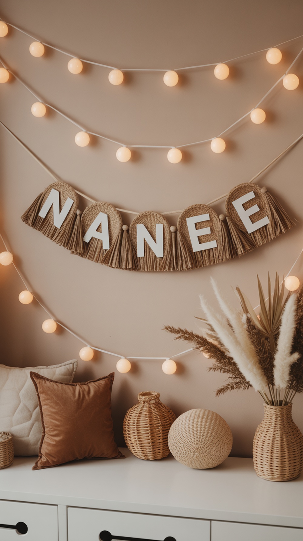 A personalized name banner spelling 'NANEE' with decorative elements in a boho nursery.