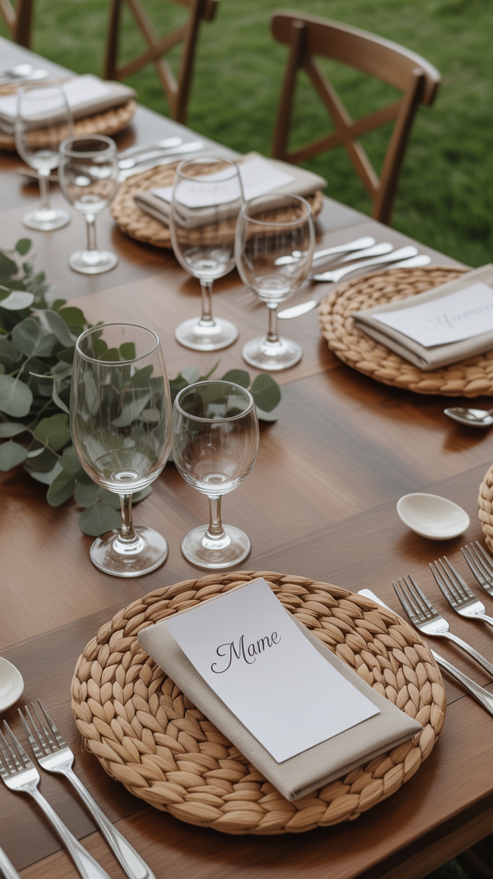 A beautifully set boho Thanksgiving table with personalized name cards on woven placemats.