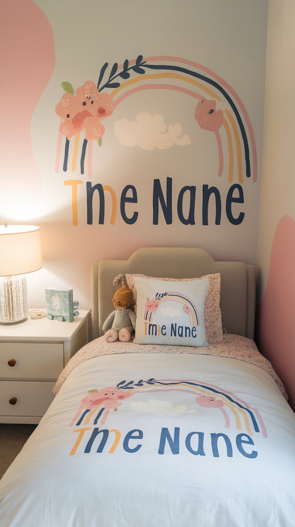 A cozy kids bedroom featuring personalized name decor with a rainbow theme.