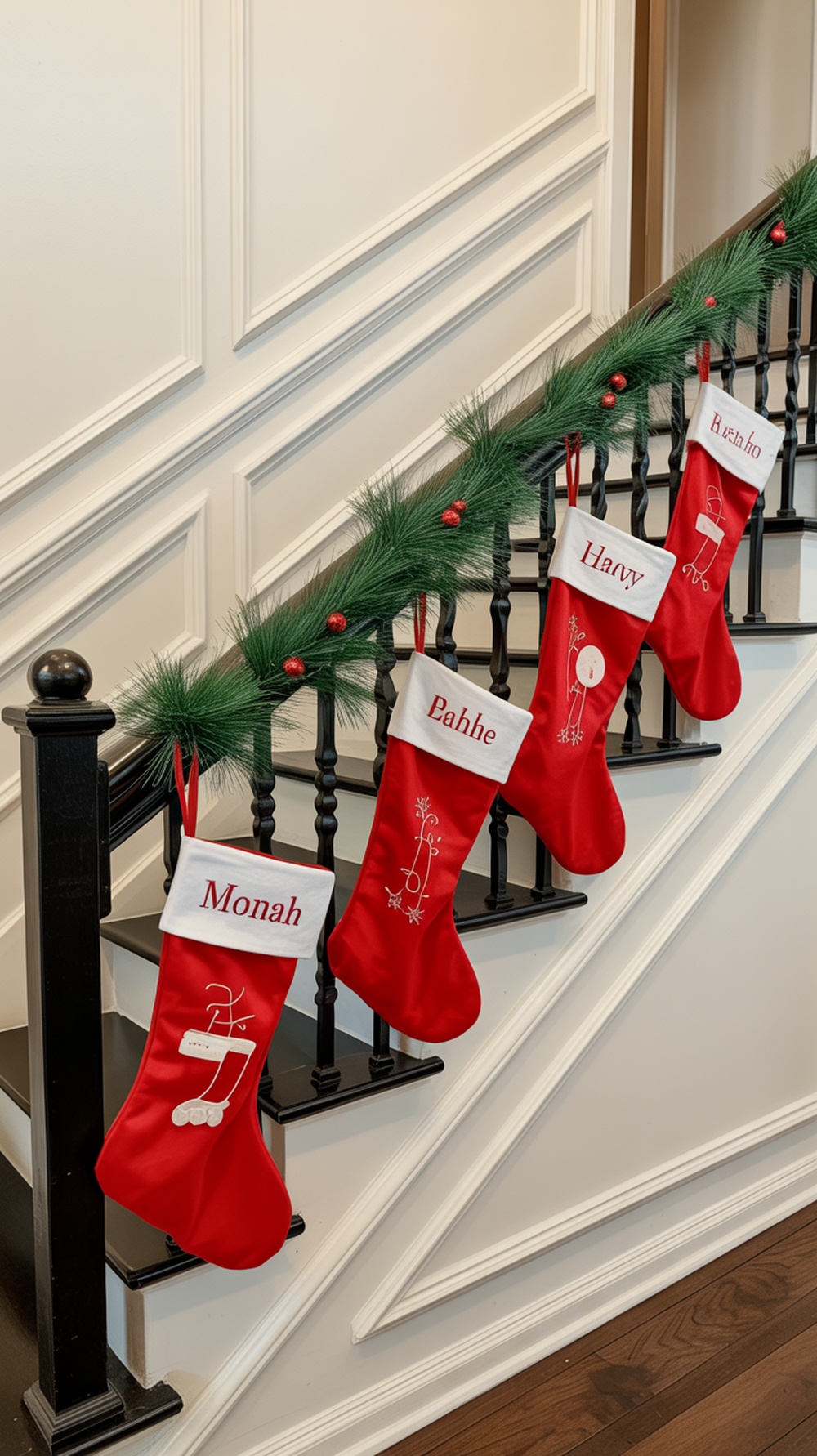 A staircase decorated for Christmas with red stockings featuring personalized name tags.