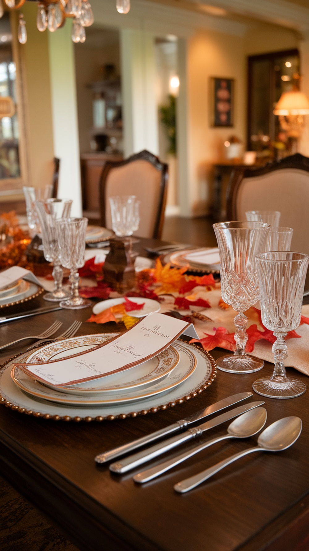 A beautifully set Thanksgiving table featuring personalized name tags, elegant glassware, and autumn leaves.