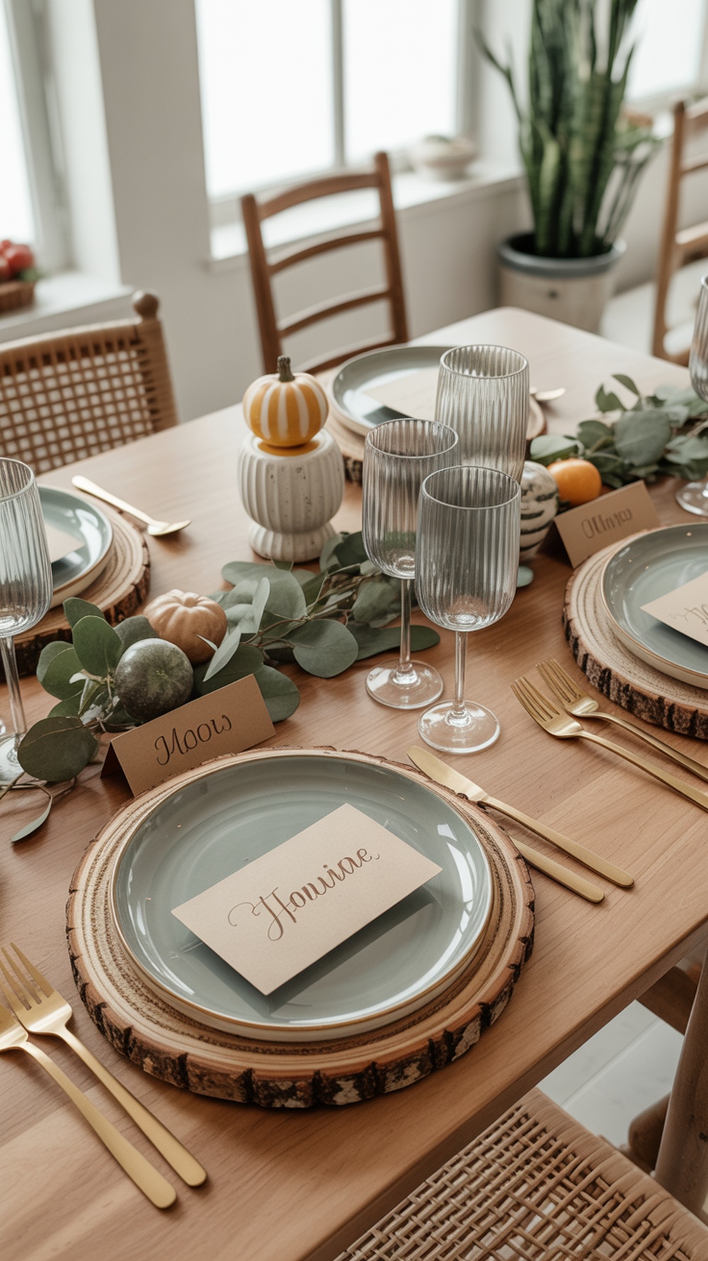A Thanksgiving table setting with personalized place cards, elegant plates, and decorative elements like pumpkins and greenery.