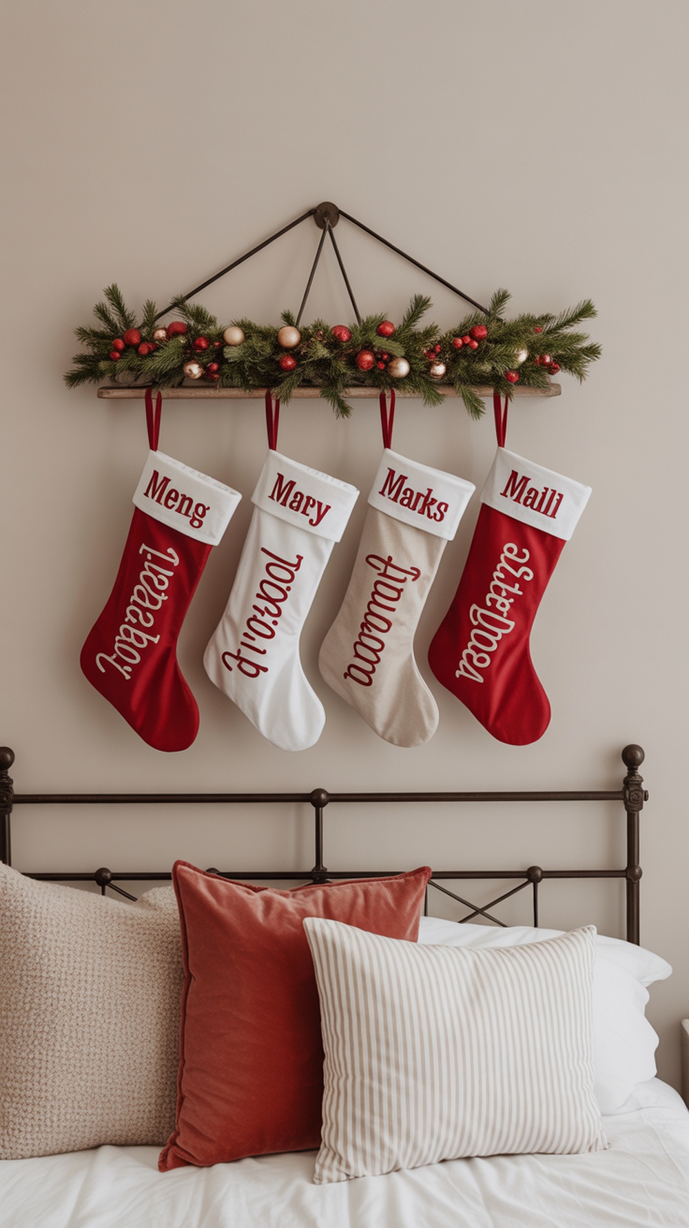 Four personalized Christmas stockings hanging on a wooden rack with festive decorations