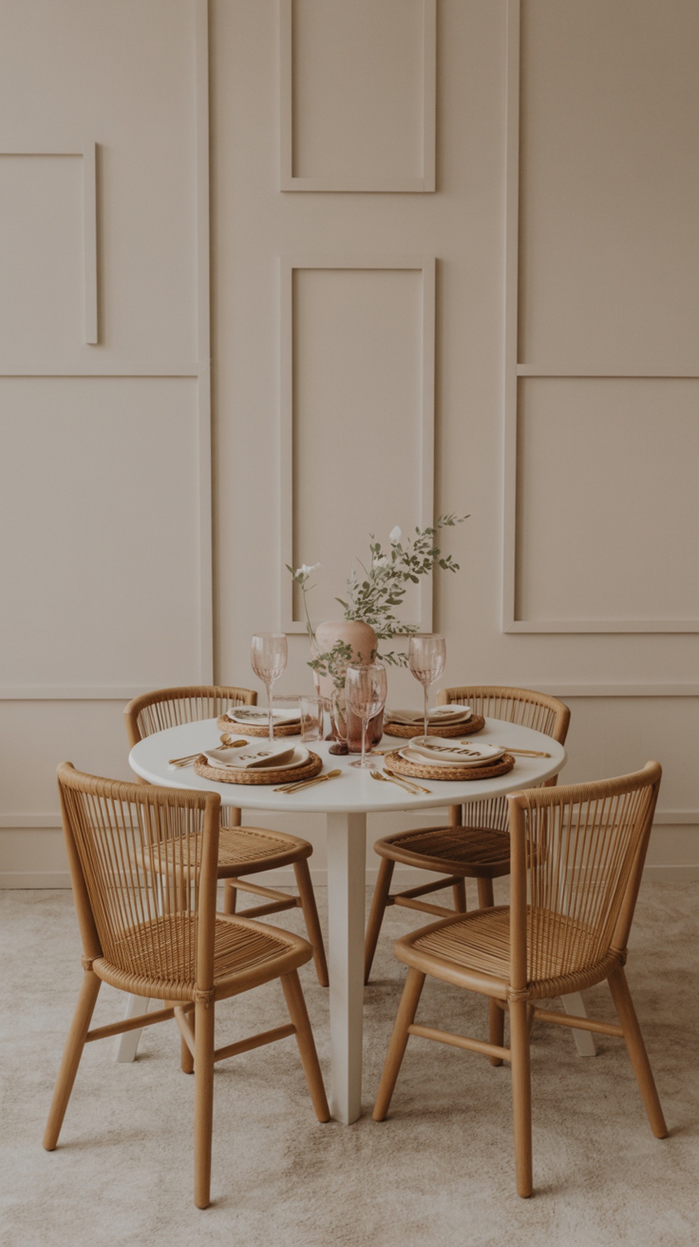 A small dining room with a round table set for four, featuring elegant tableware and a floral centerpiece.