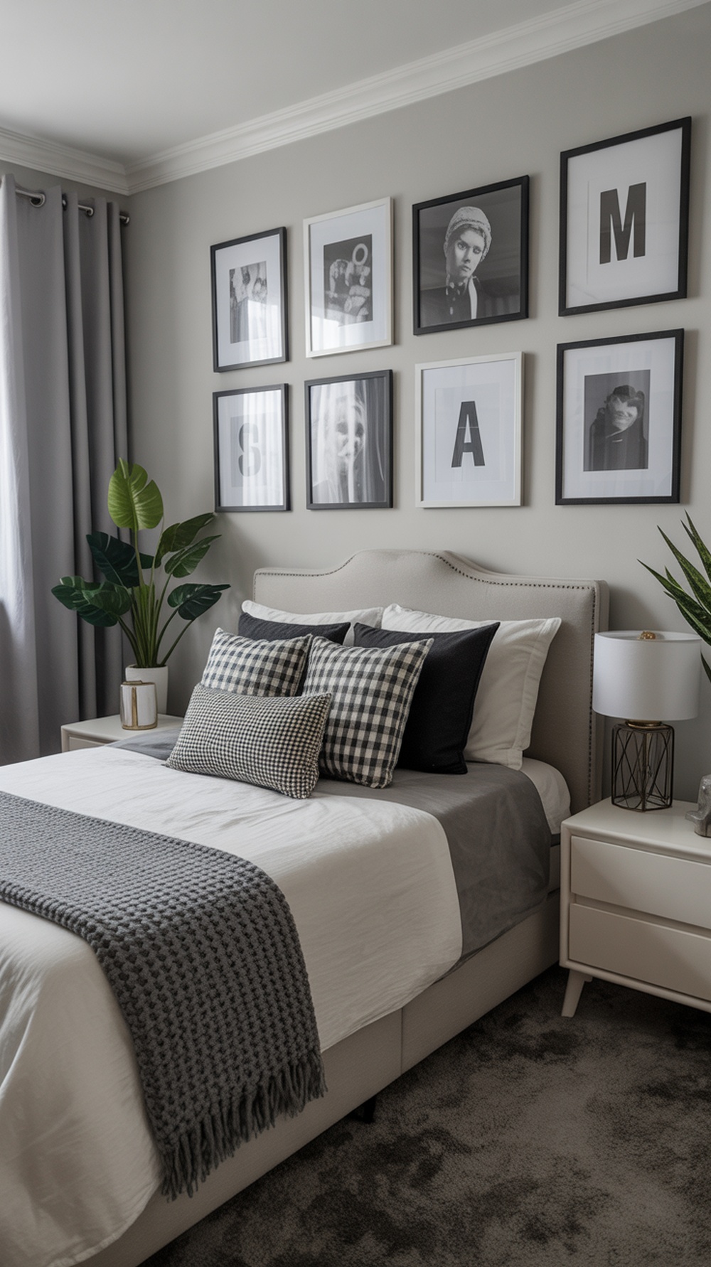 A stylish black and white bedroom featuring a bed with various pillows, black and white framed artwork on the wall, and a plant.