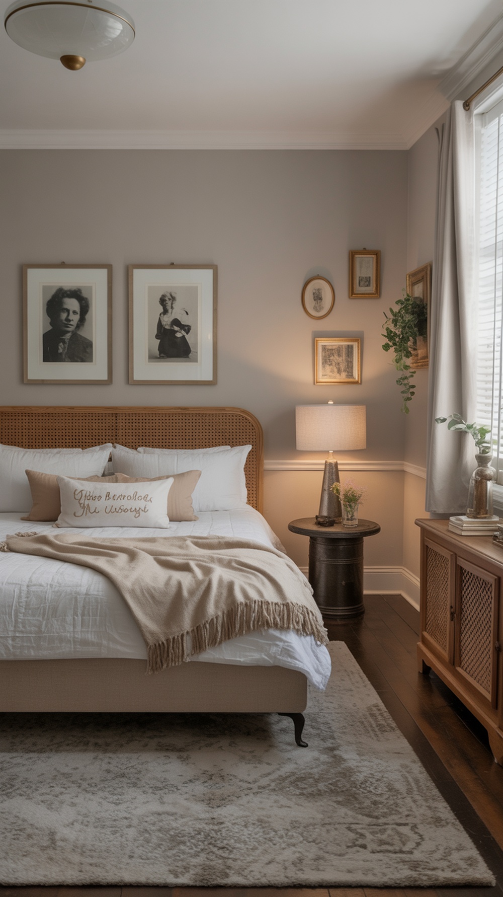 A cozy modern vintage bedroom featuring a bed with a textured throw, framed vintage photos on the wall, and a warm color palette.