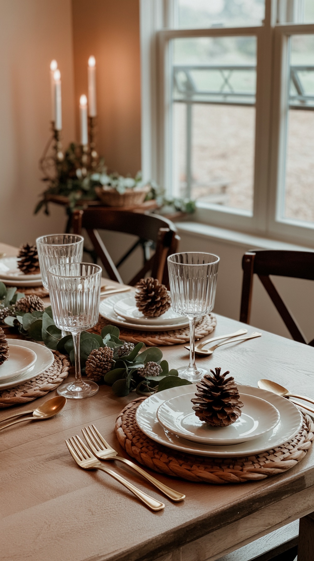 A rustic Thanksgiving table setting featuring pinecone accents on white plates, surrounded by greenery and elegant glassware.