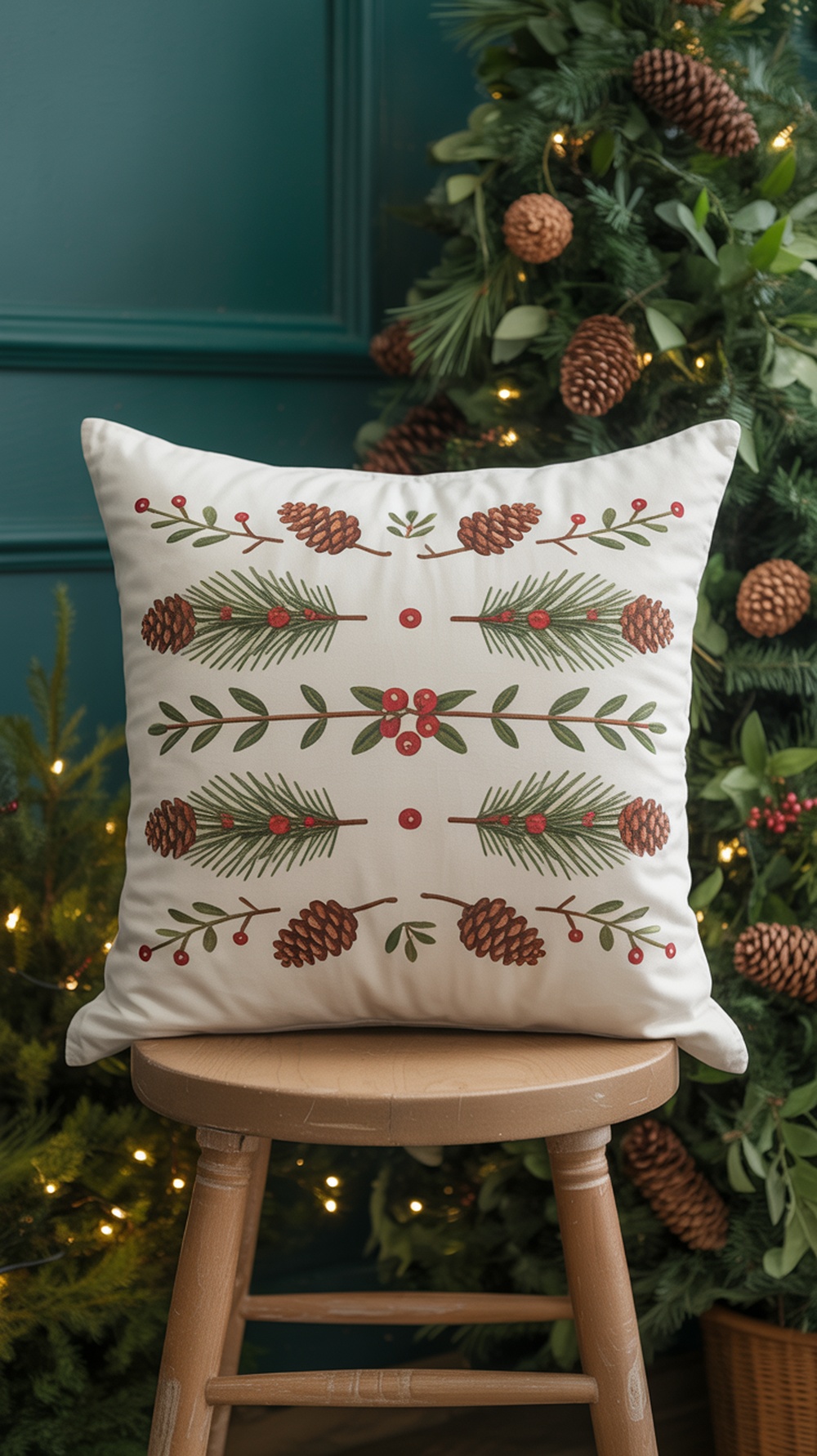 A decorative throw pillow featuring pinecone and berry accents, placed on a wooden stool with a festive backdrop.