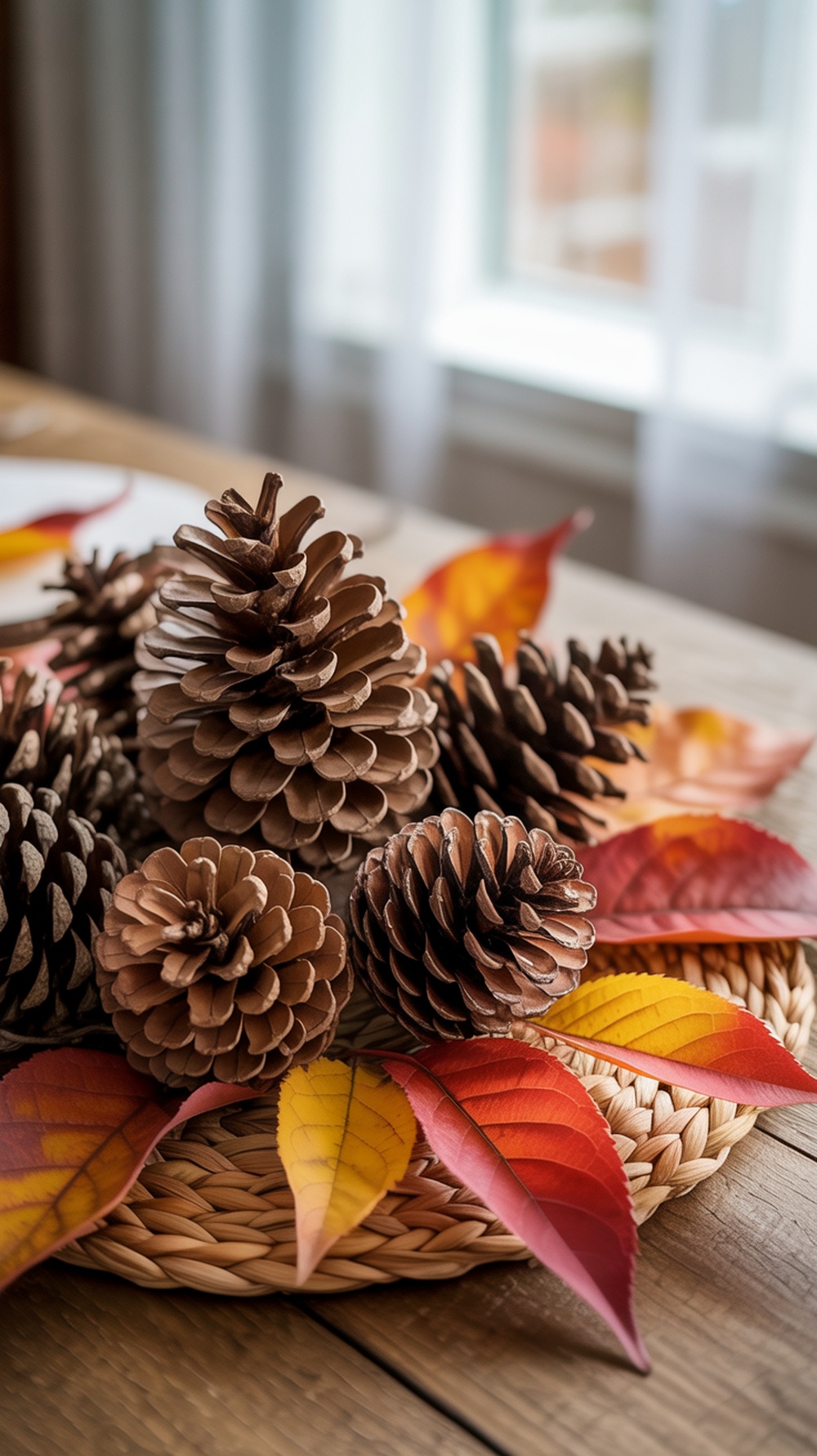 A cozy Thanksgiving table setting featuring pinecones and colorful autumn leaves.