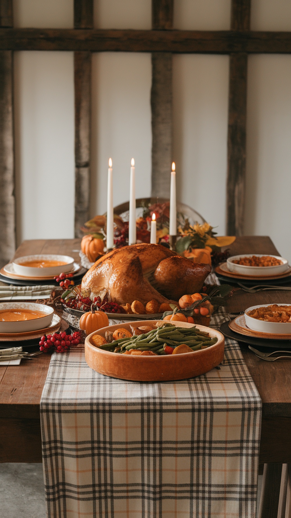 A Thanksgiving table set with a plaid table runner, featuring a turkey, side dishes, and candles.