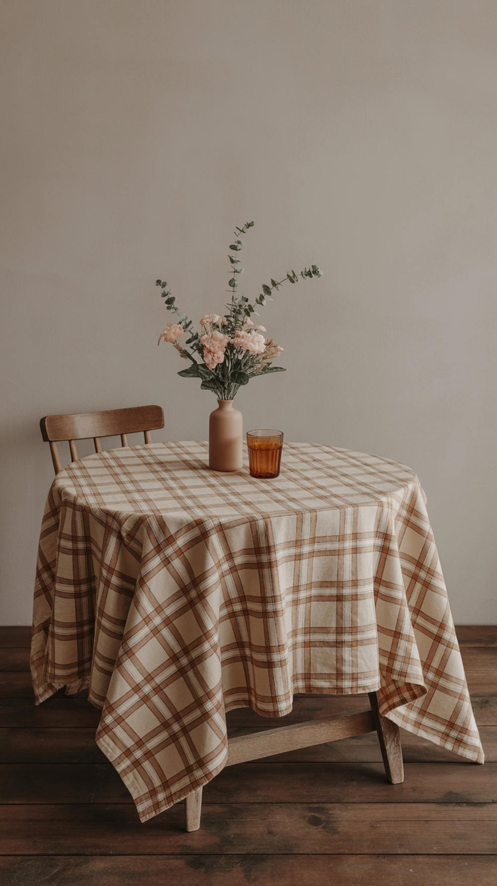 A rustic table setting with a plaid tablecloth, a vase of flowers, and a glass on a wooden table.
