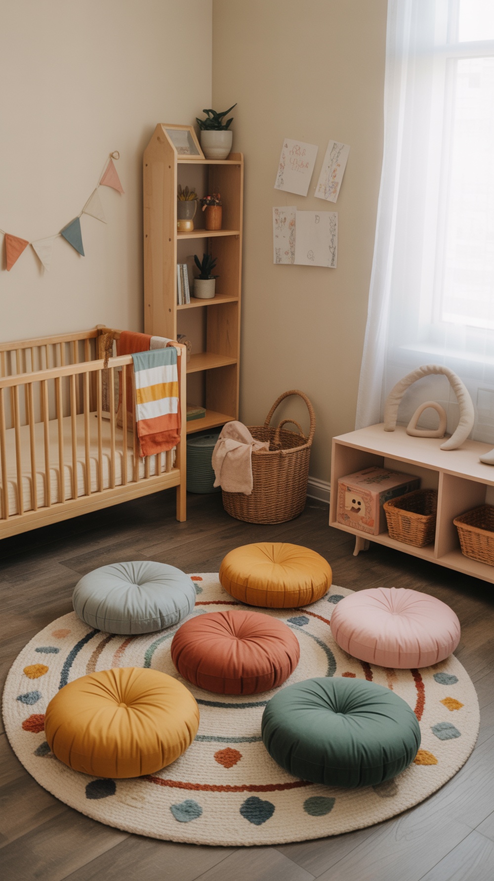 A cozy nursery with playful floor cushions in various colors on a round rug, a crib, and a bookshelf.
