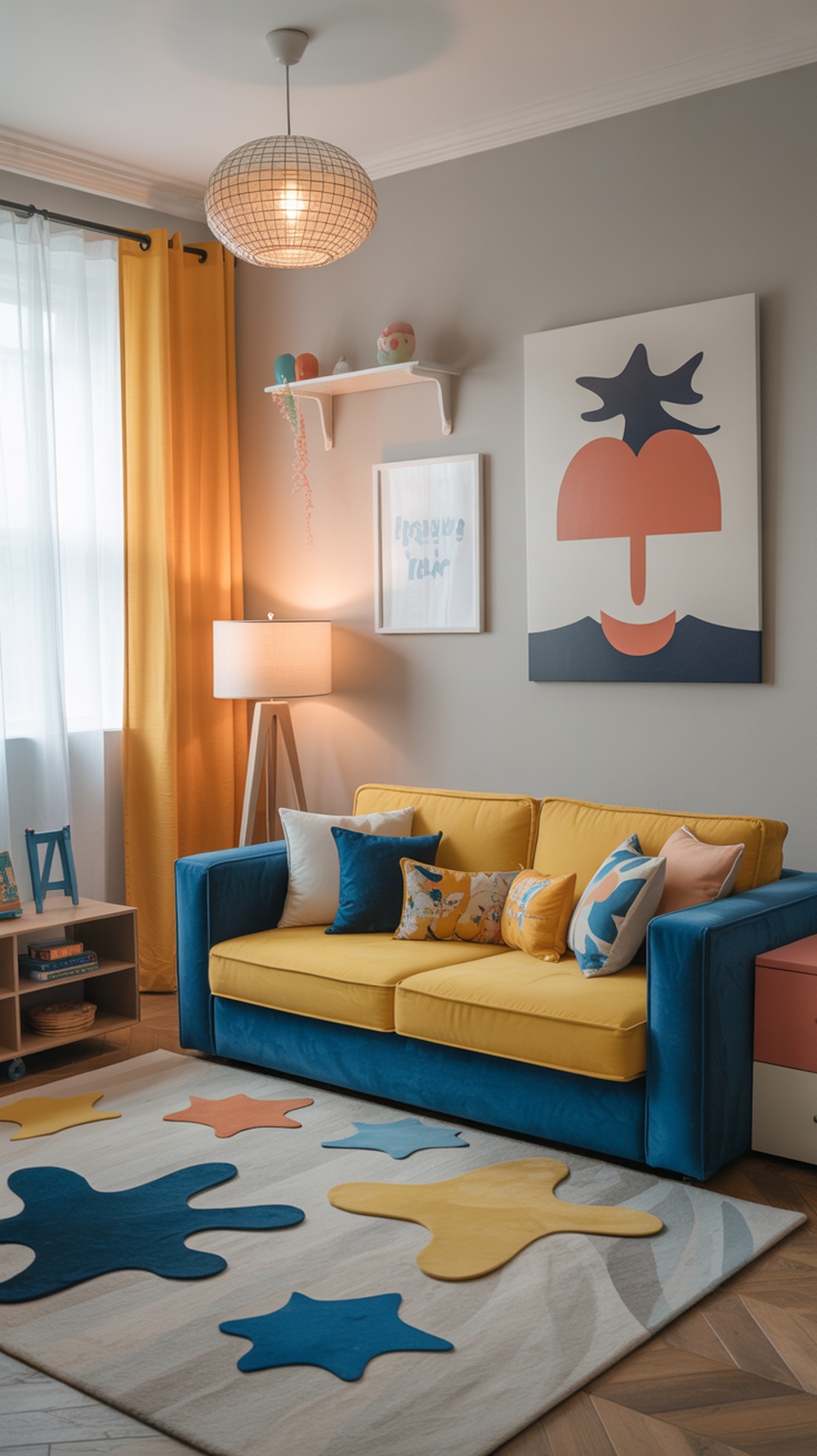 A colorful kids' living room featuring a blue and yellow sofa, playful rug, and cheerful decor.