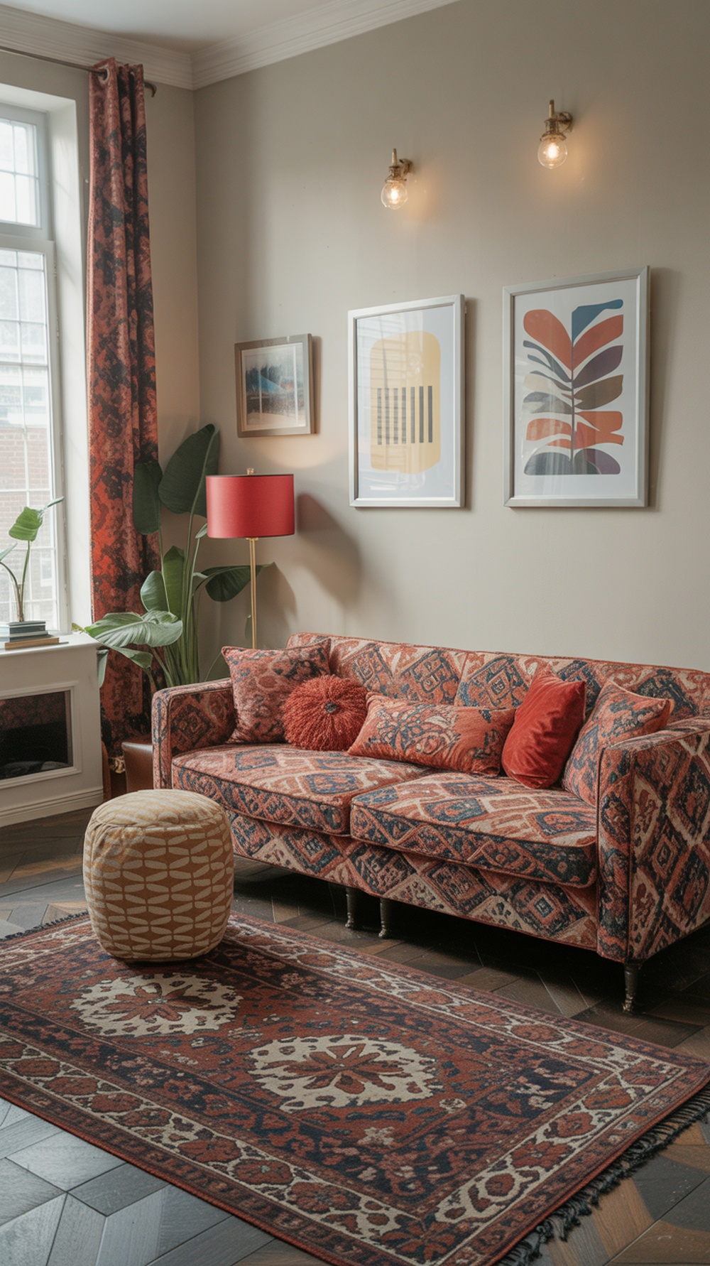 A colorful living room featuring a patterned sofa, decorative pillows, and a vibrant rug.