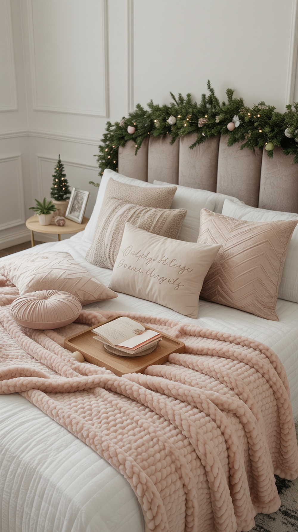 A cozy bedroom decorated for Christmas with plush pillows, a soft blanket, and festive accents.