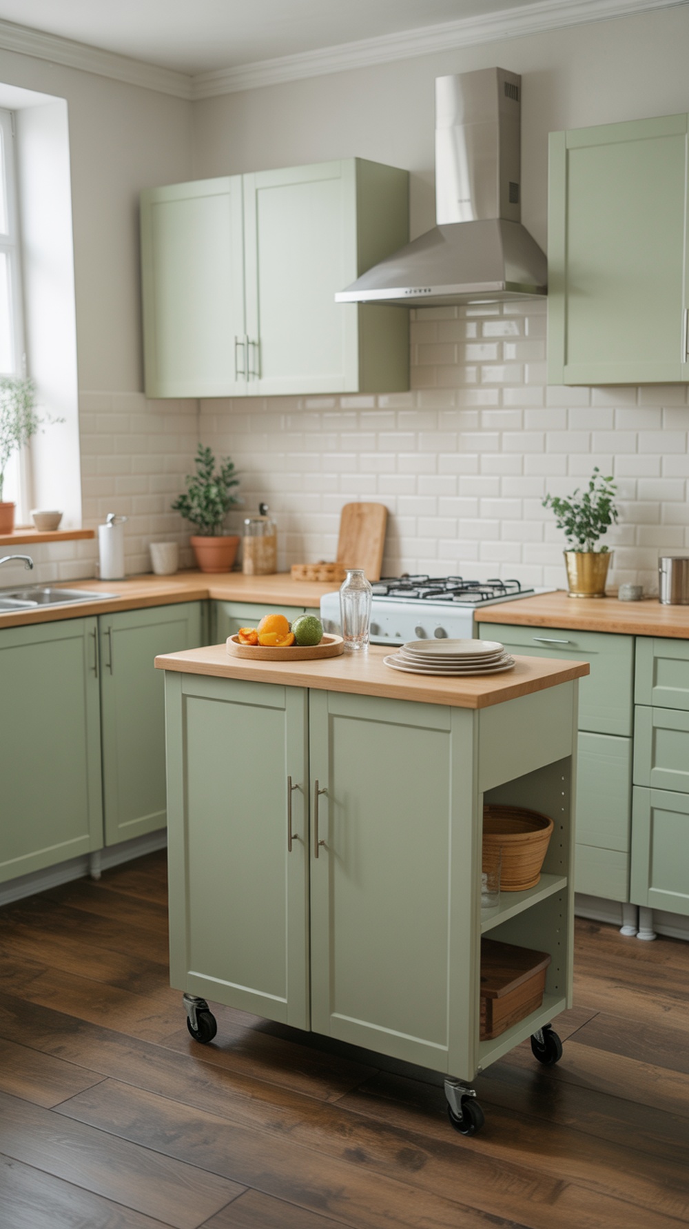 A portable green kitchen island with wheels in a small kitchen, featuring a wooden top and storage space.